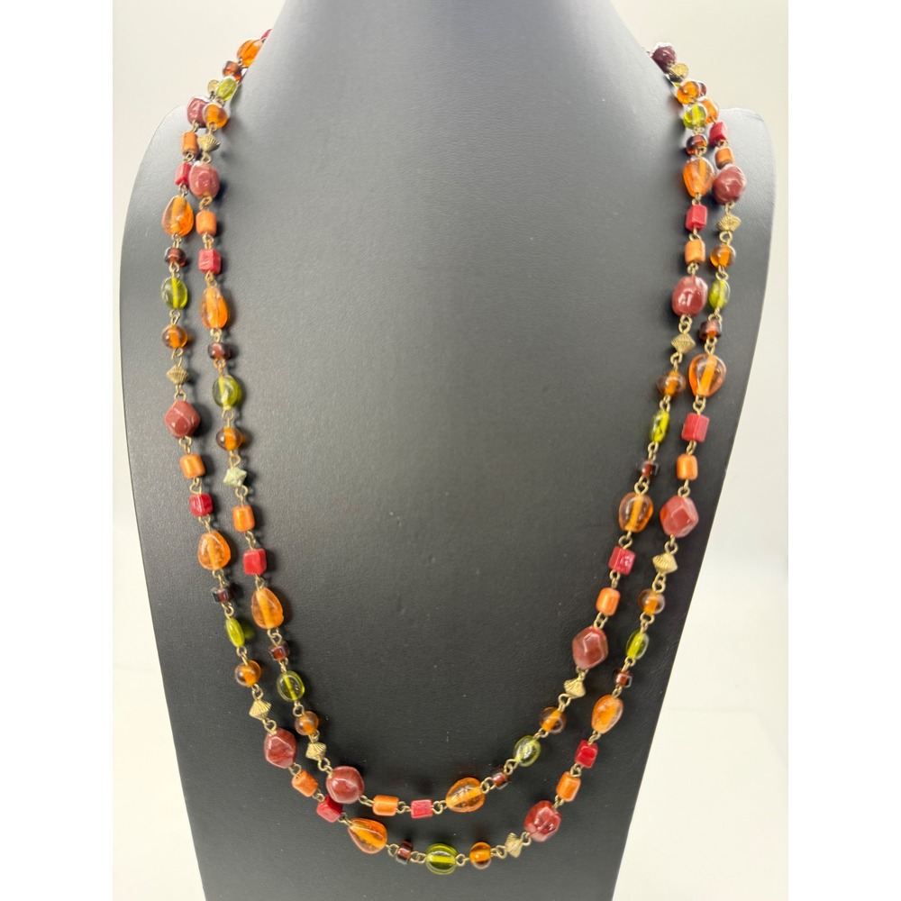 Boho Multi Color Beaded Long Strand Necklace Orange Green Red Antique Brass Tone